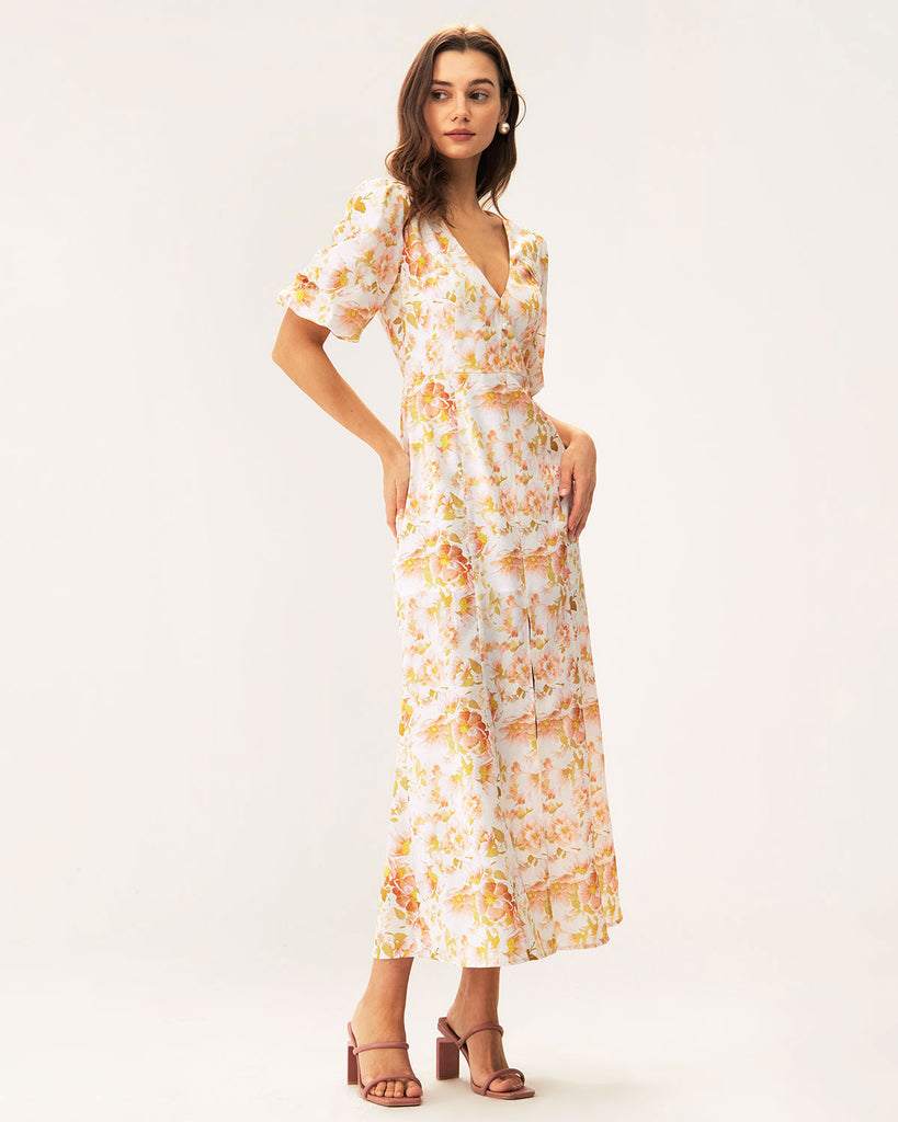 Orange Floral V-Neck Puffed Sleeve Maxi Dress