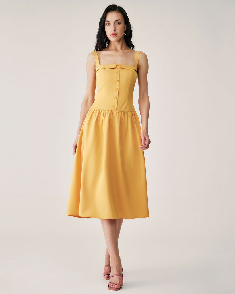 Yellow Button Pleated Slip Midi Dress