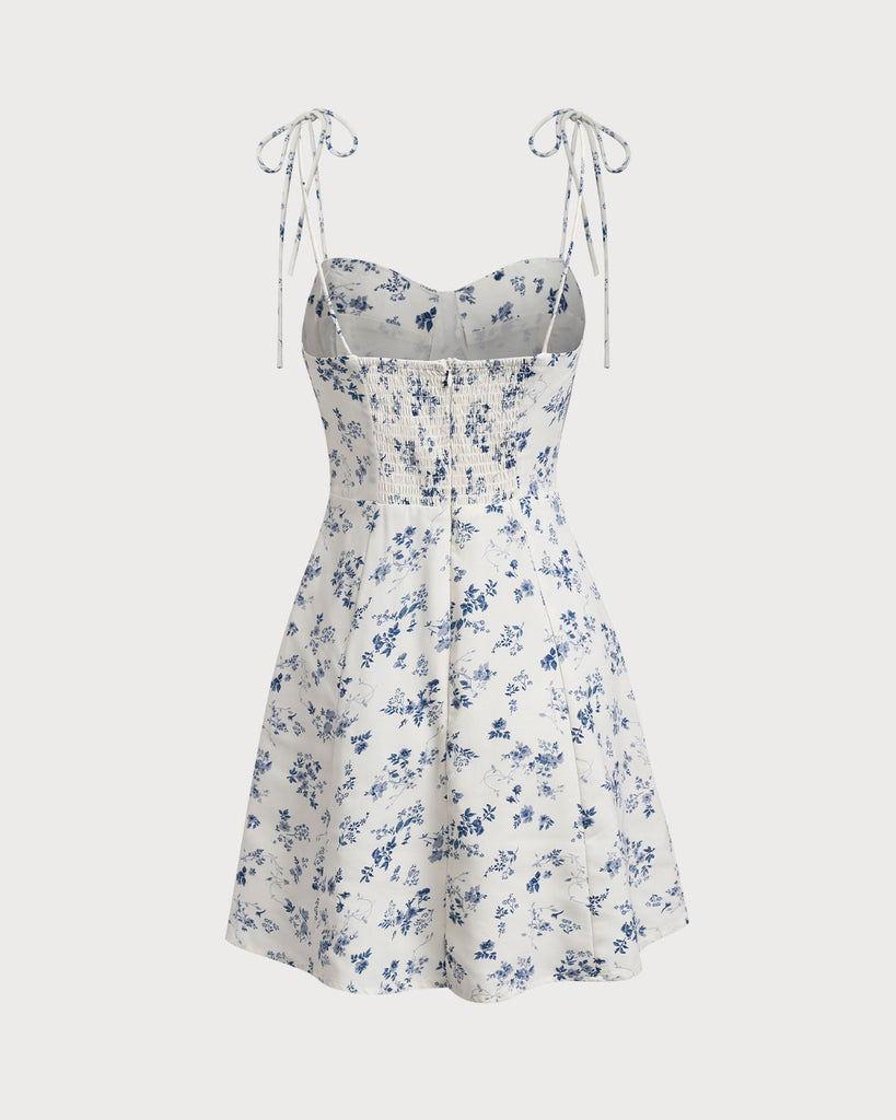 White Floral Shirred Tie Strap Mini Dress