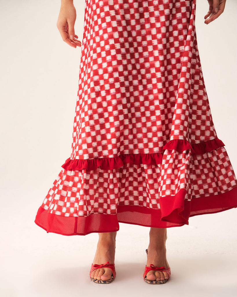 Red Geometric Ruffle Slip Maxi Dress