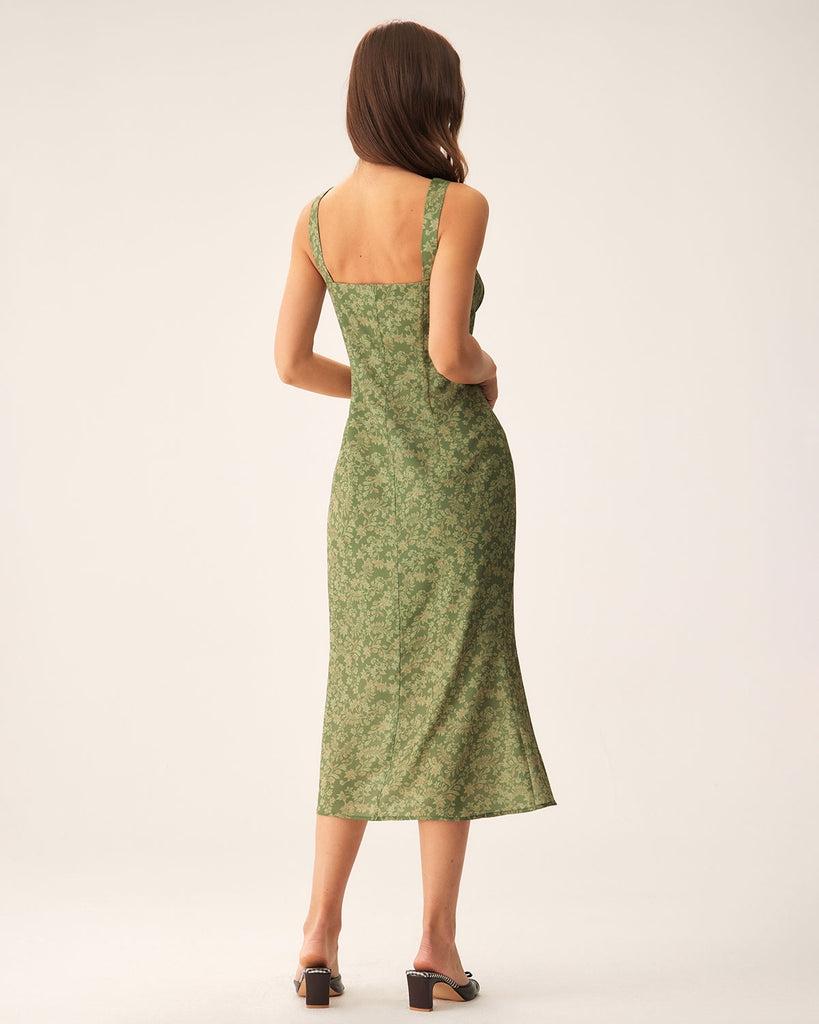 Green Floral Square Neck Slip Midi Dress