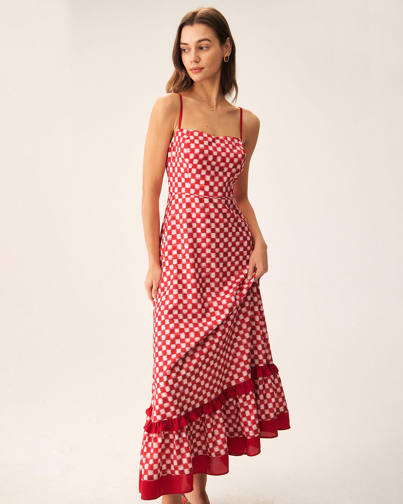 Red Geometric Ruffle Slip Maxi Dress