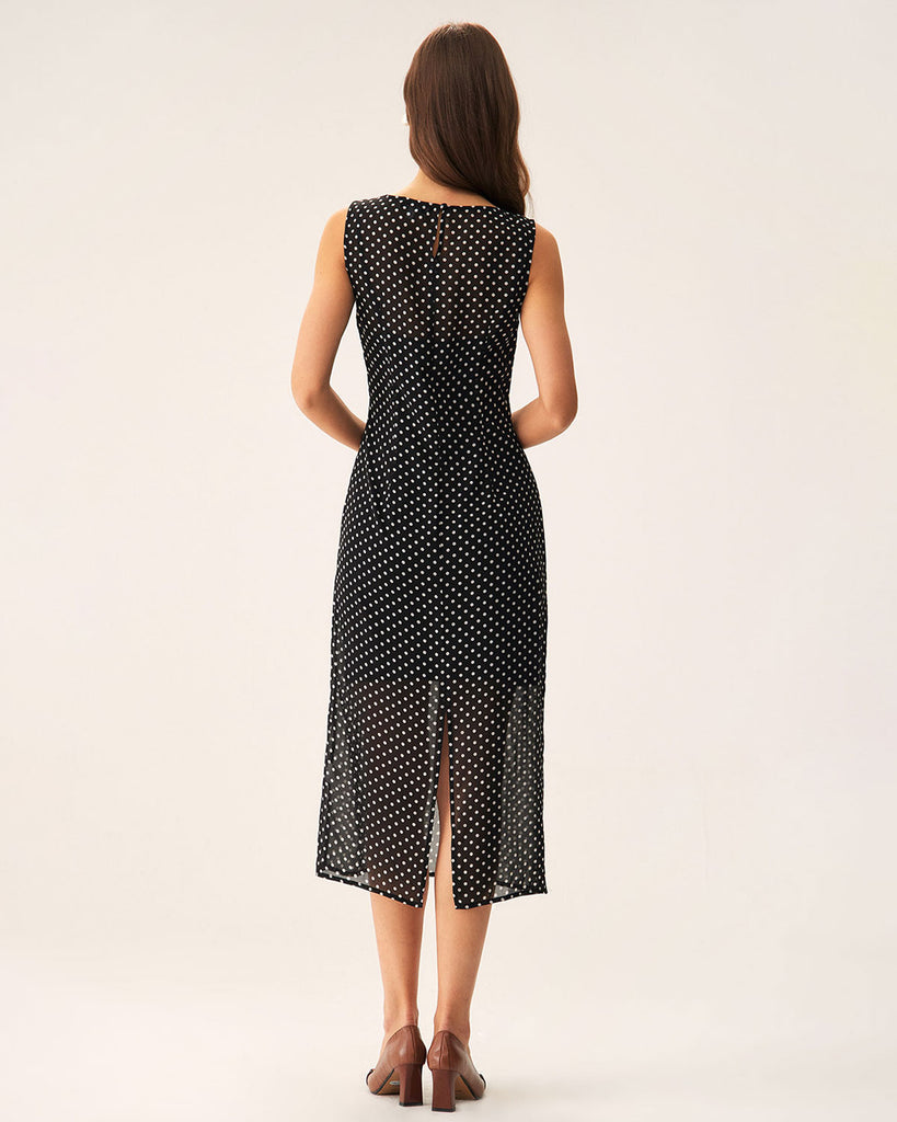 Black Polka Dot Boat Neck Midi Dress