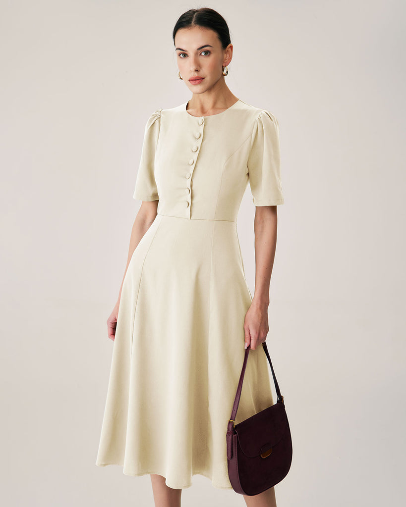 Beige Puffed Sleeve Button Midi Dress