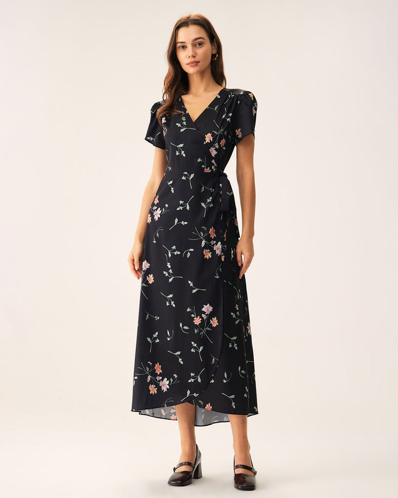 Black Floral Wrap Maxi Dress