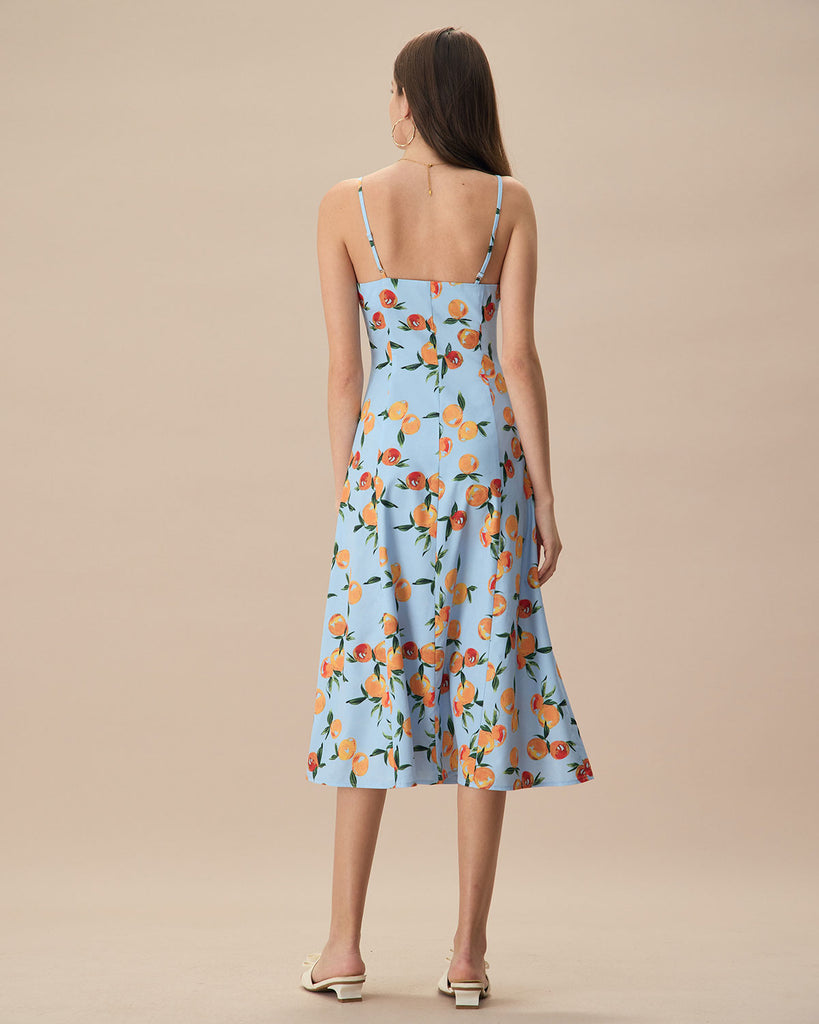 Women's Blue Fruit Print Slip Midi Dress