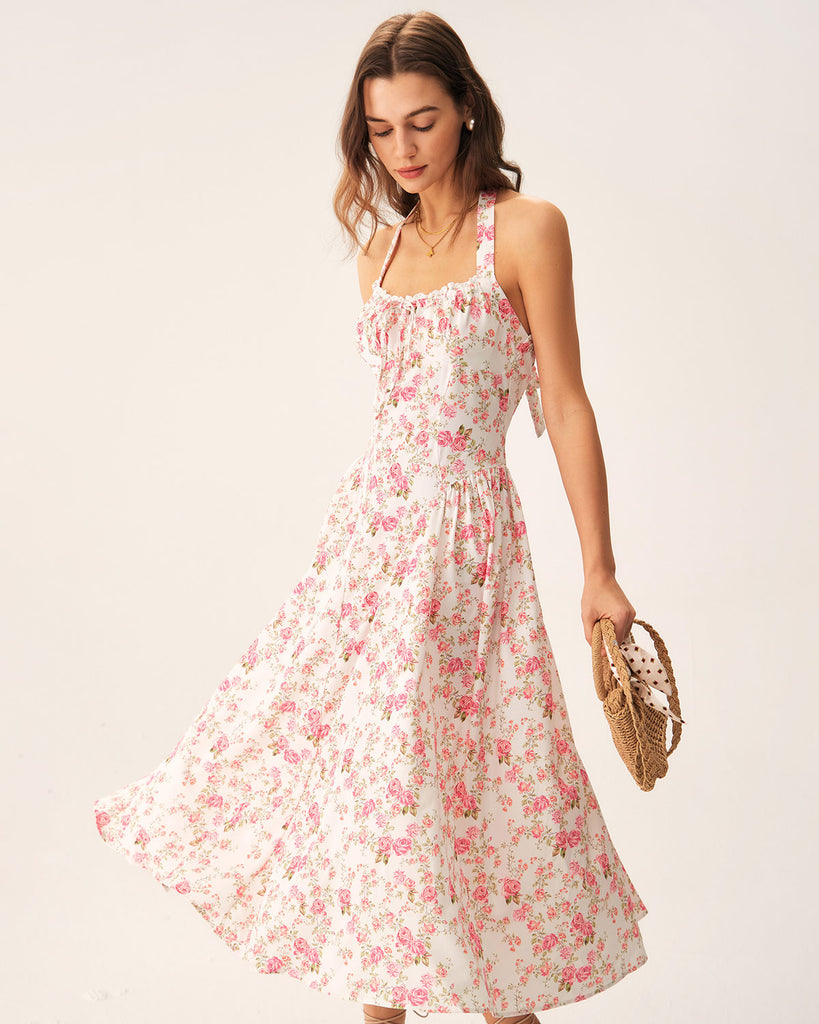 Pink Floral Halter Midi Dress