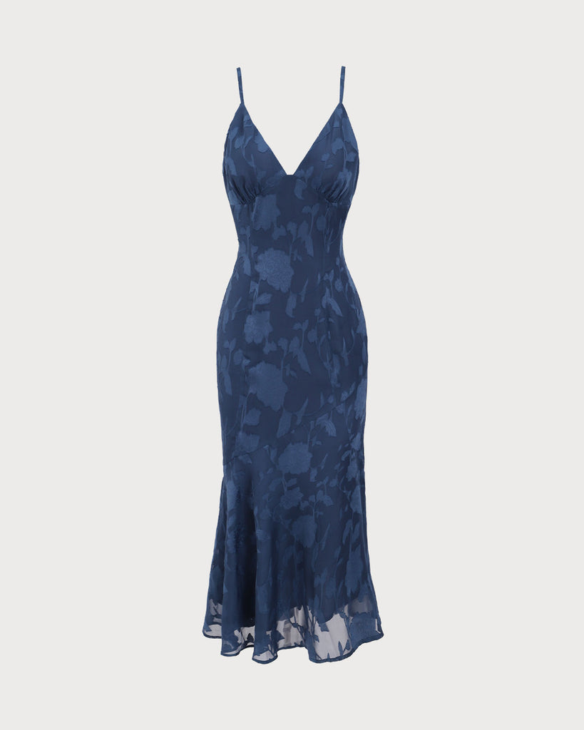 Navy Jacquard Mermaid Slip Midi Dress