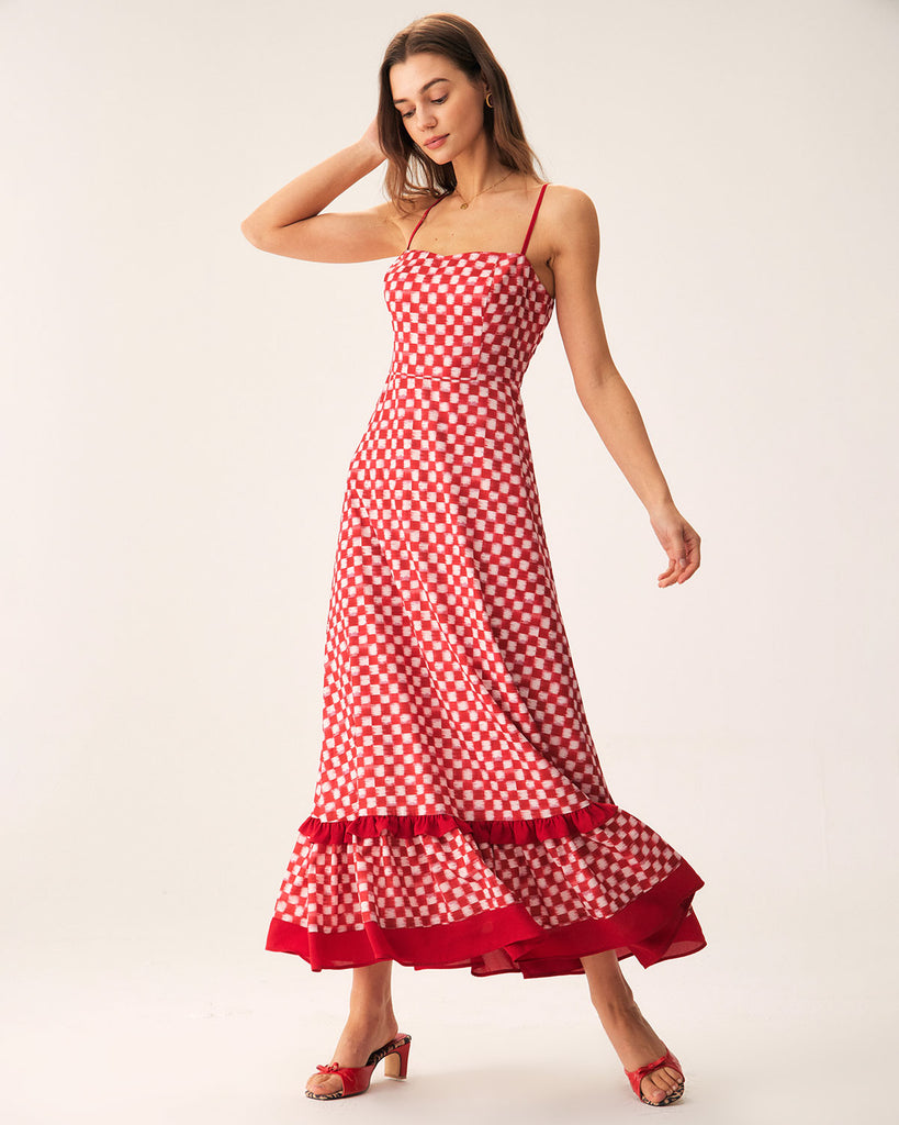 Red Geometric Ruffle Slip Maxi Dress