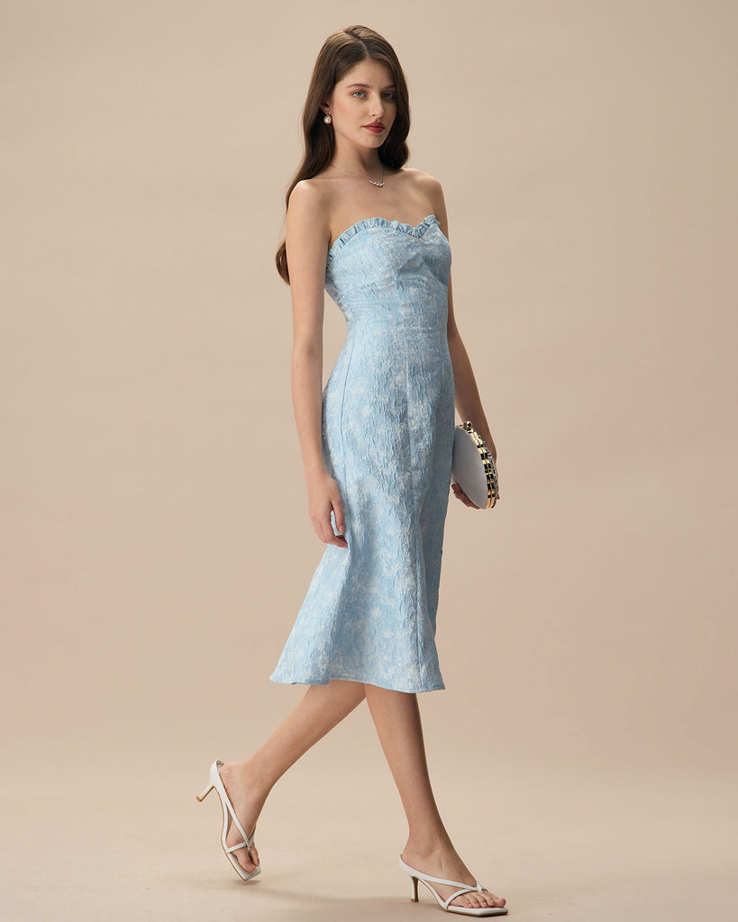 Women's Blue Strapless Jacquard Midi Dress- RIHOAS