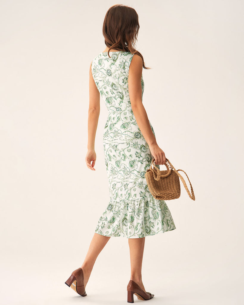 Green Floral Square Neck Midi Dress