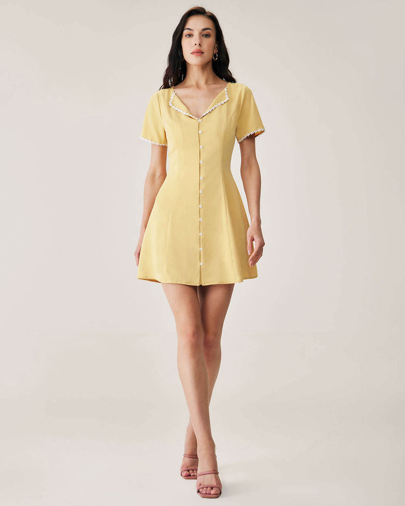 Yellow V-neck Button Mini Dress