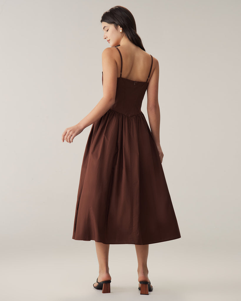 Brown Sweetheart Neck Slip Midi Dress