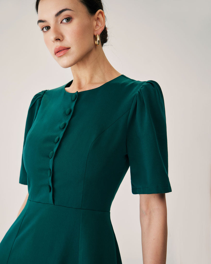 Green Puffed Sleeve Button Midi Dress