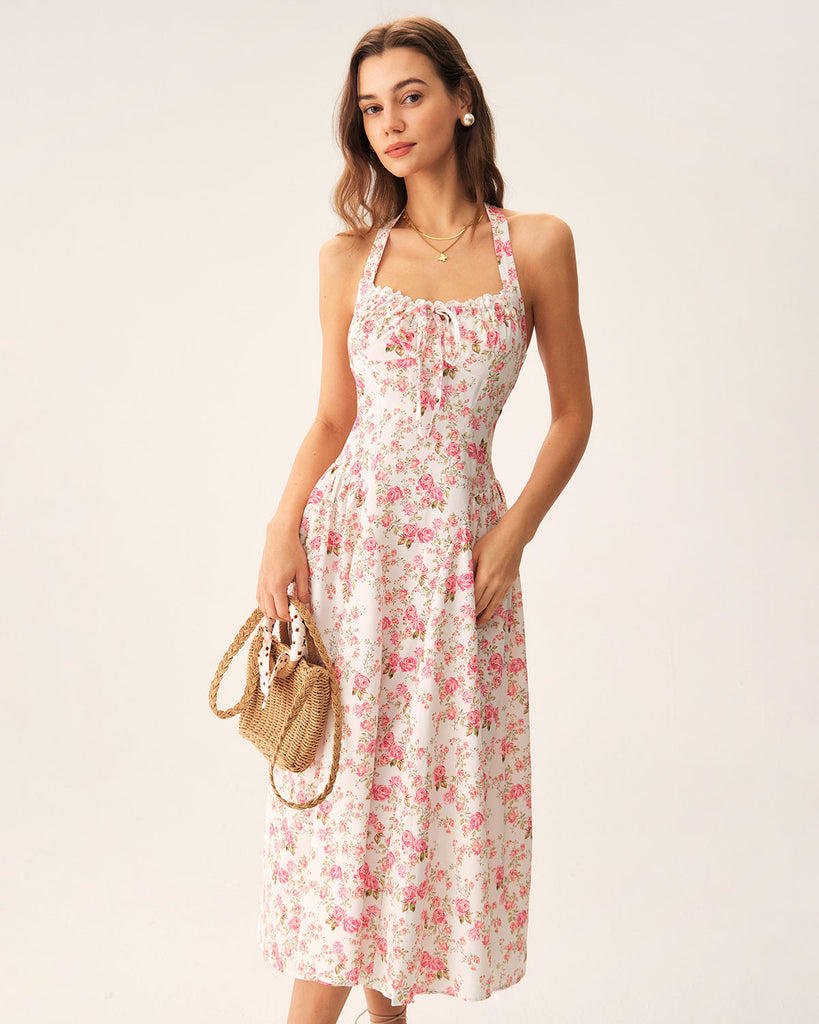 Pink Floral Halter Midi Dress