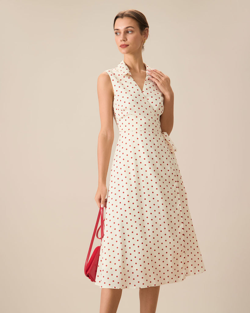 Women's Beige Poka Dot Wrap Midi Dress