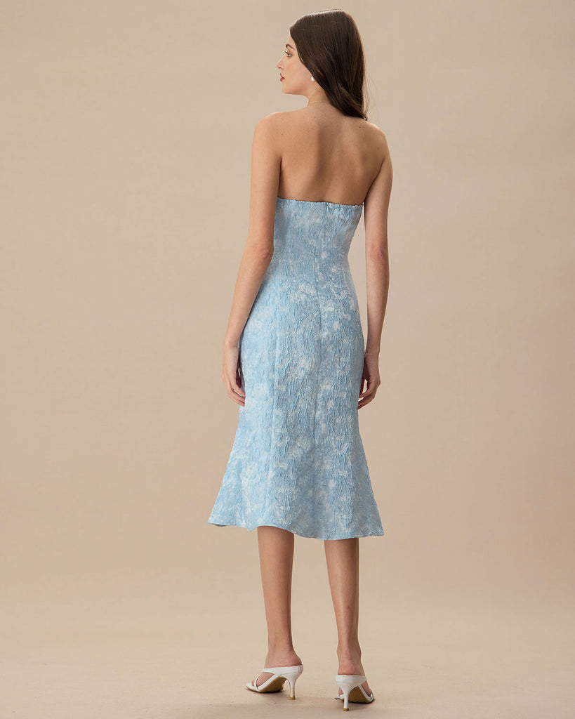 Women's Blue Strapless Jacquard Midi Dress - RIHOAS