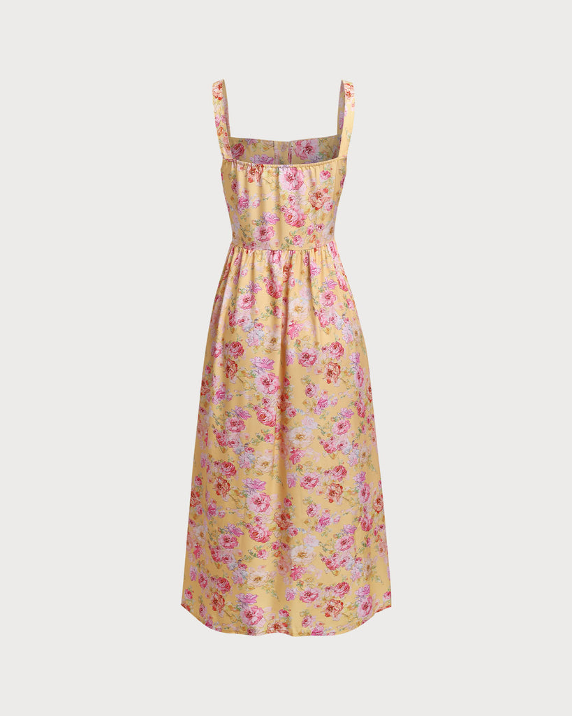 Yellow Floral Square Neck Pocket Midi Dress