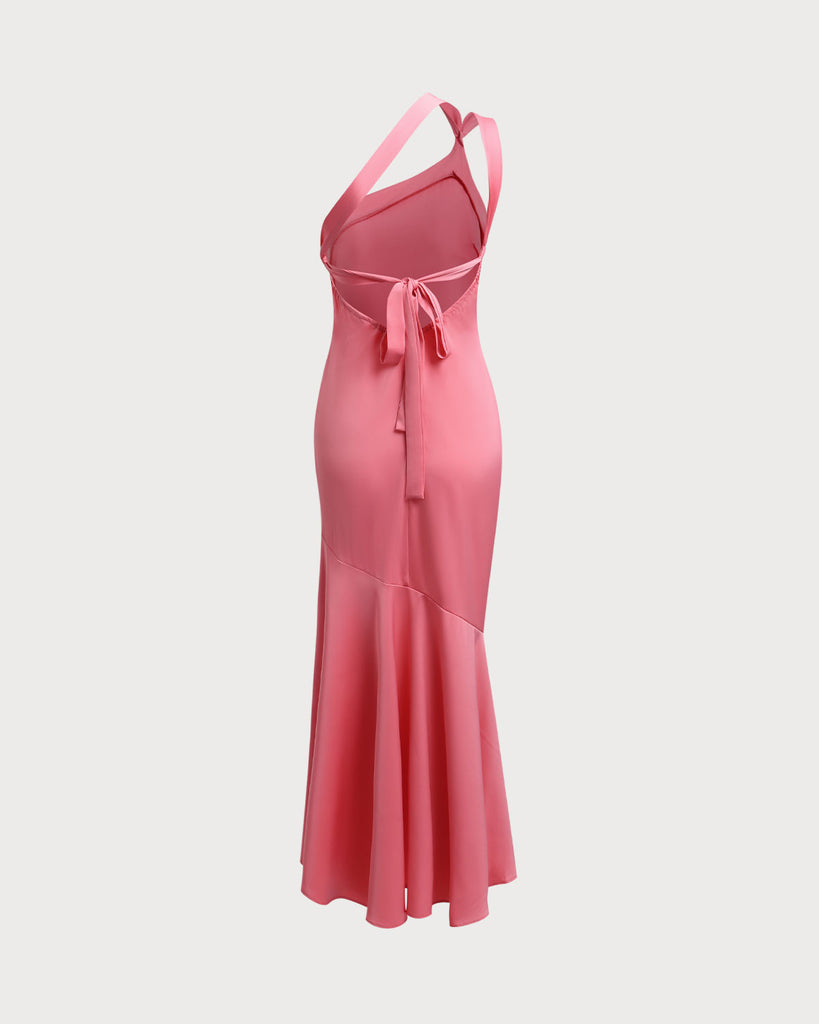 Pink One Shoulder Satin Midi Dress