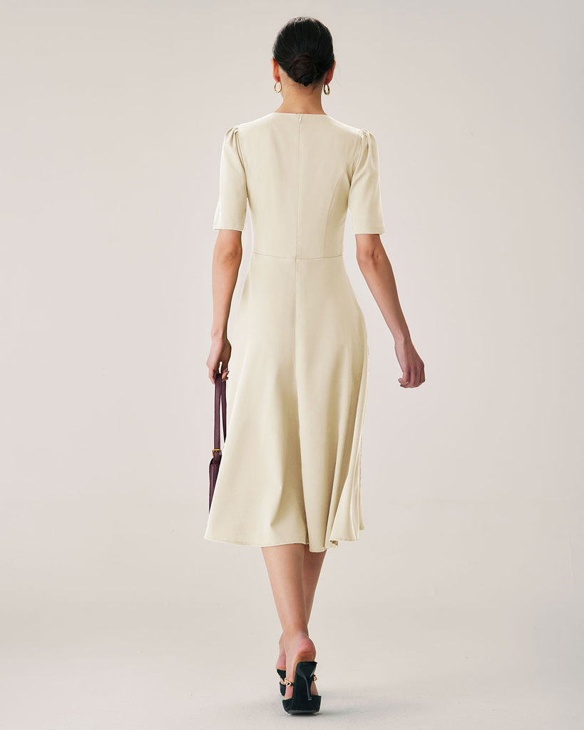 Beige Puffed Sleeve Button Midi Dress