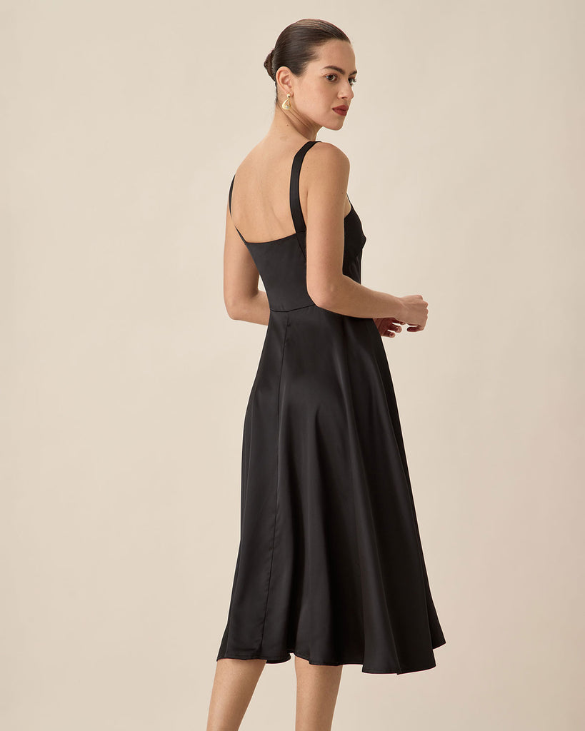 Black Satin Slip Midi Dress