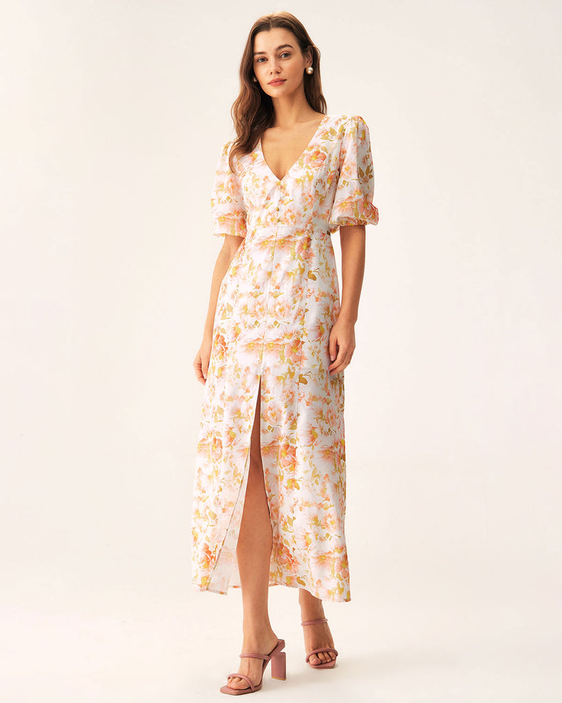 Orange Floral V-Neck Puffed Sleeve Maxi Dress