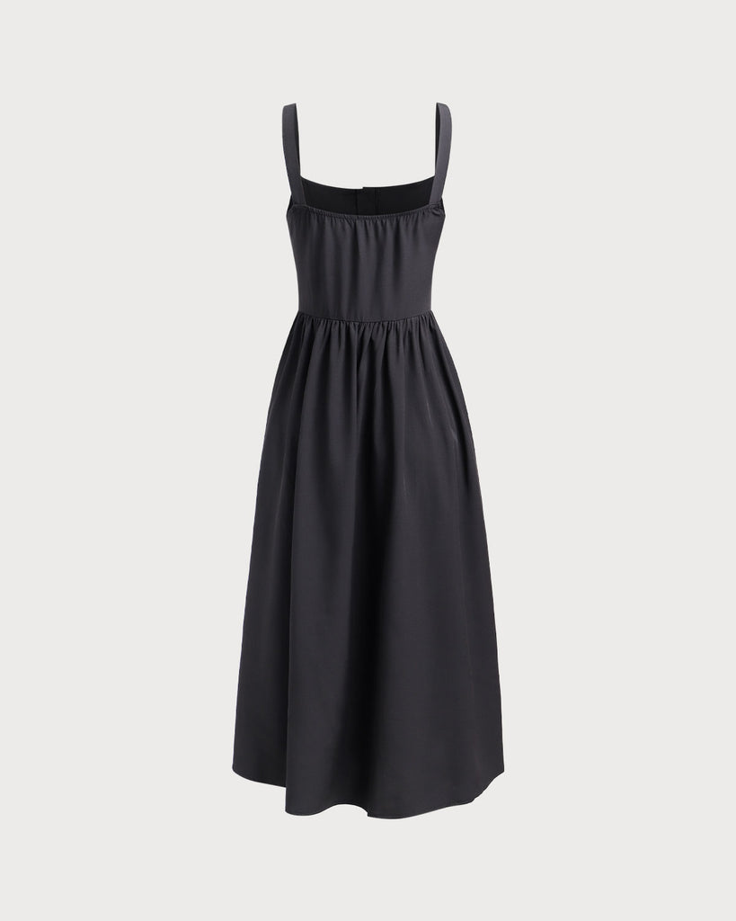 Black Square Neck Ruched Pocket Midi Dress