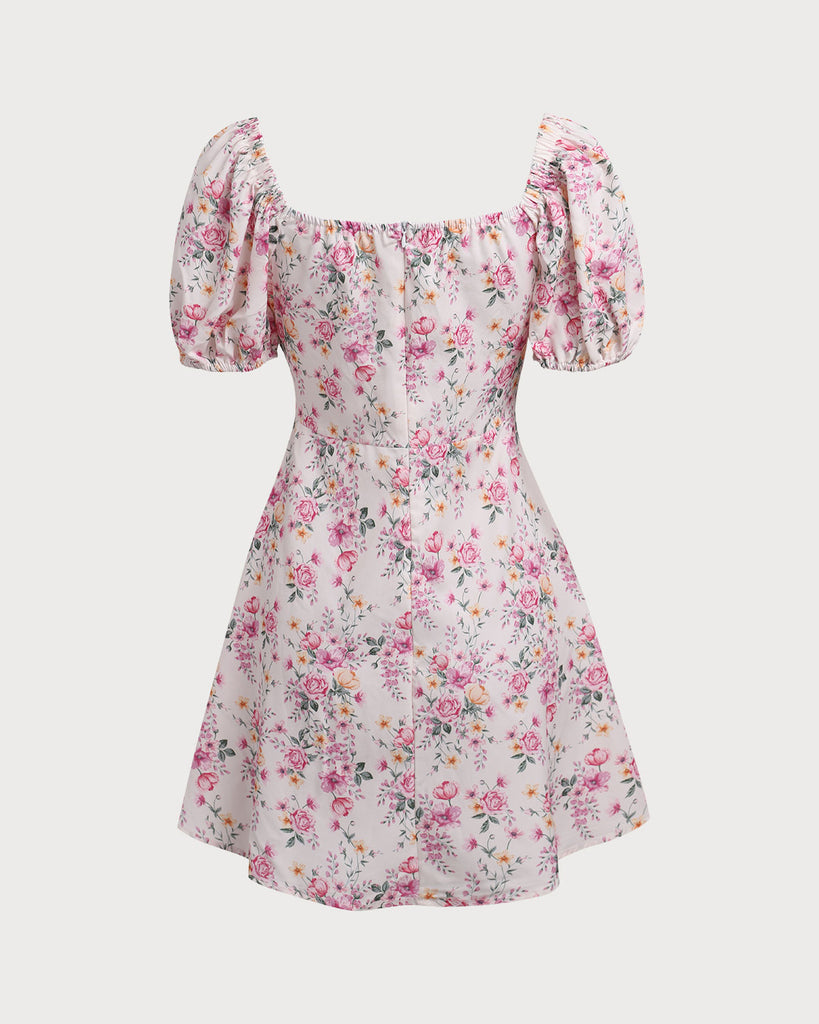 Pink Floral Square Neck Ruched Mini Dress