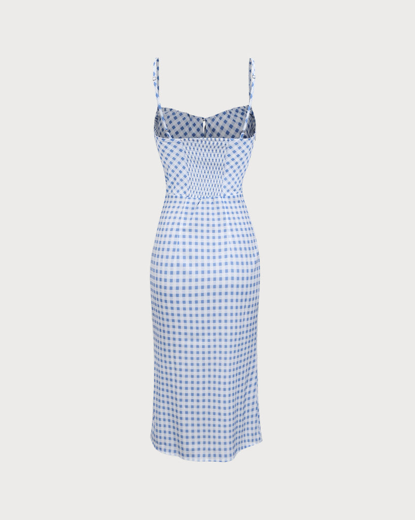 Blue Plaid Ruched Slip Midi Dress