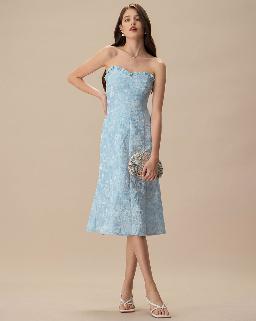 Women's Blue Strapless Jacquard Midi Dress - RIHOAS