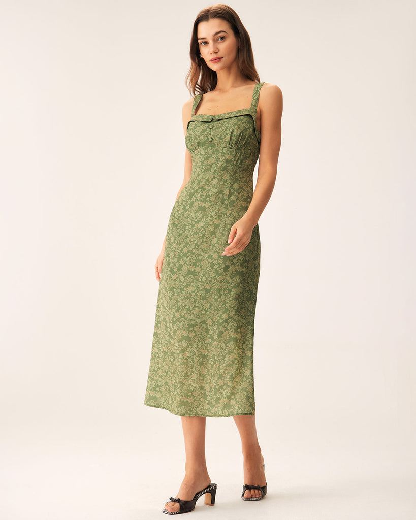 Green Floral Square Neck Slip Midi Dress