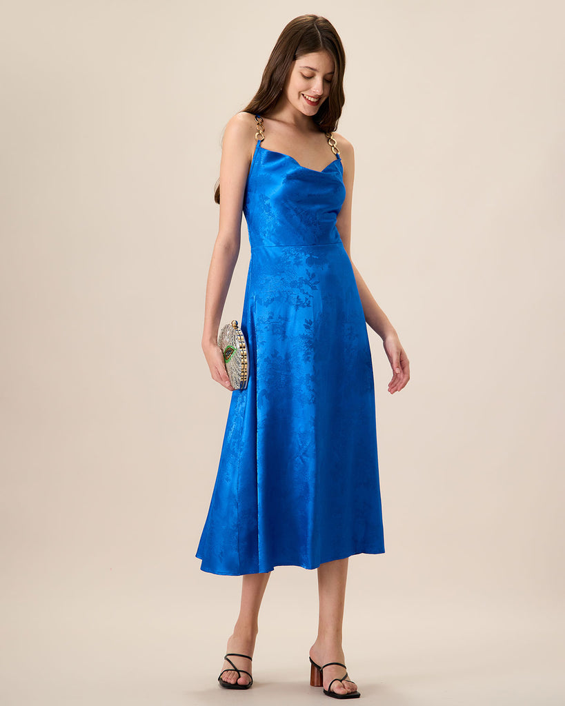 Women's Blue Cowl Neck Jacquard Slip Midi Dress - RIHOAS