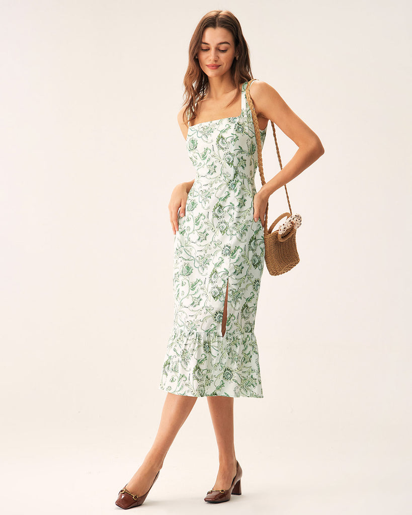 Green Floral Square Neck Midi Dress