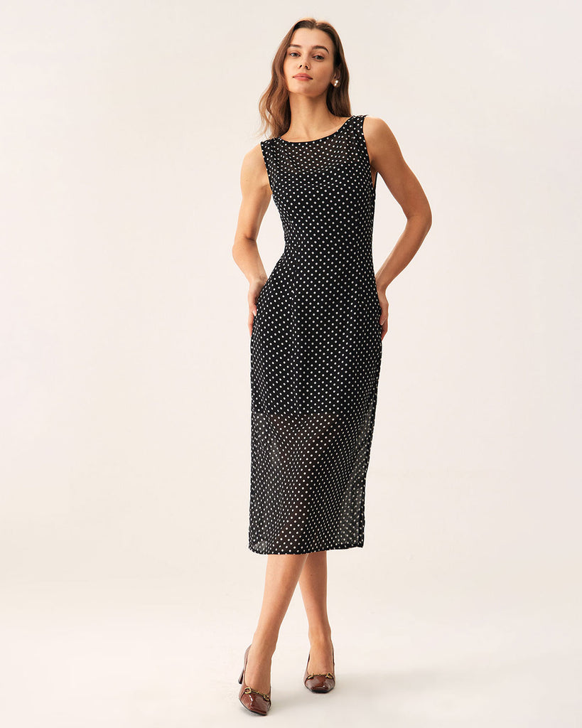 Black Polka Dot Boat Neck Midi Dress