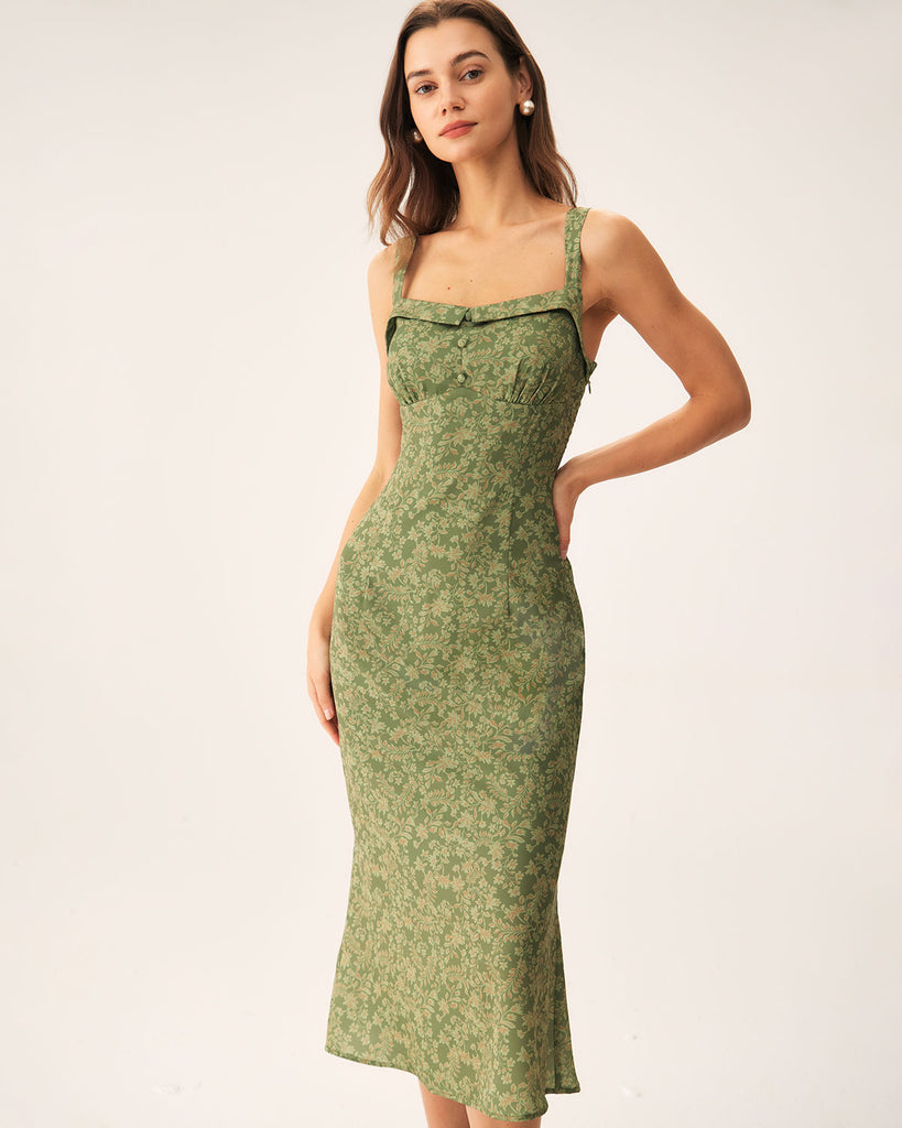 Green Floral Square Neck Slip Midi Dress