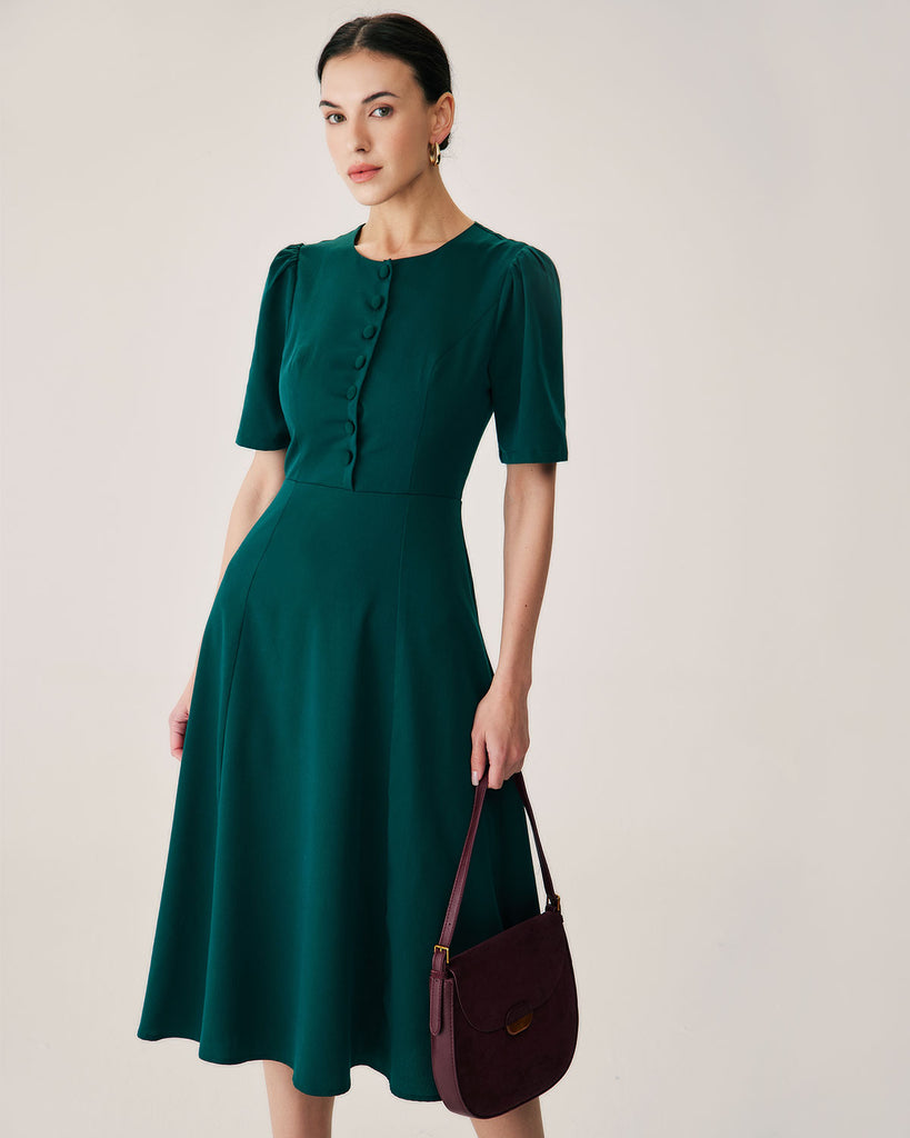 Green Puffed Sleeve Button Midi Dress