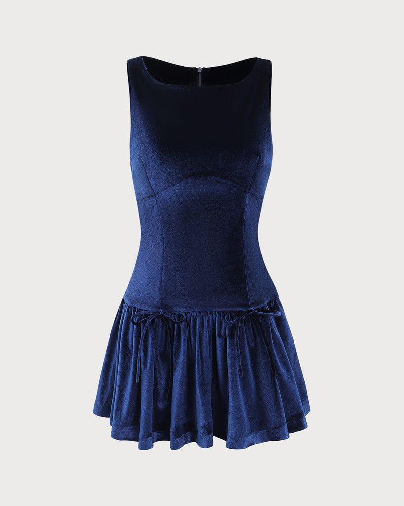 Navy Velvet Boat Neck Sleeveless Mini Dress