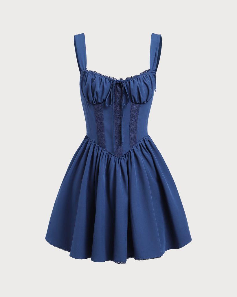 Navy Ruched Square Neck Slip Mini Dress 