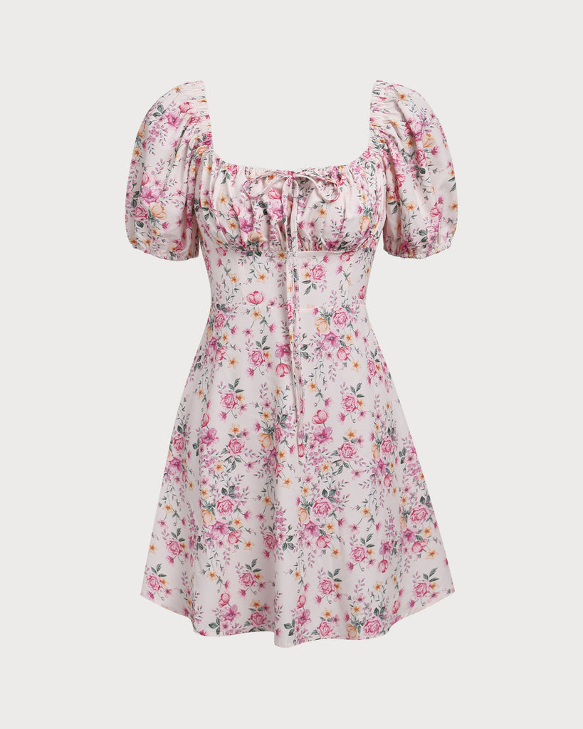 Pink Floral Square Neck Ruched Mini Dress