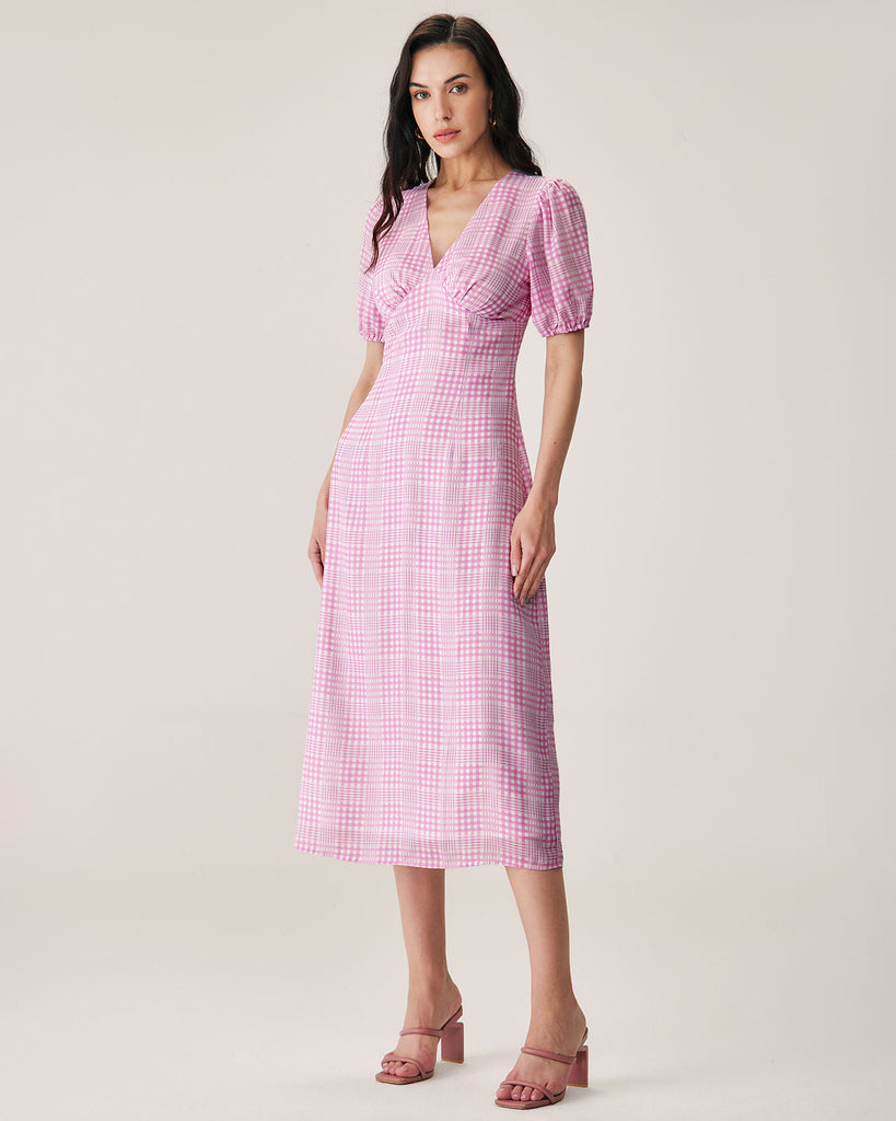 Pink Plaid V-Neck Midi Dress