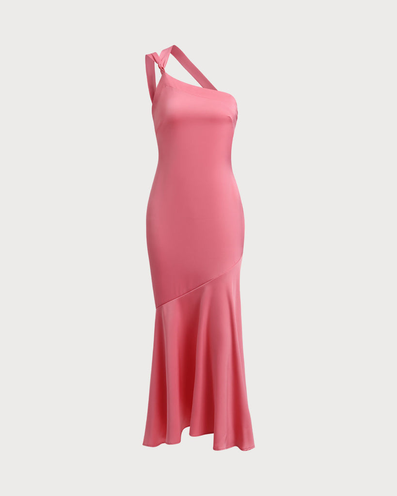 Pink One Shoulder Satin Midi Dress