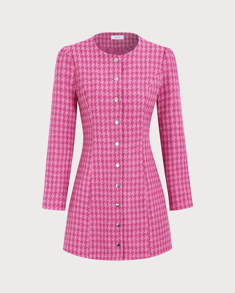 Women's Pink Single-breasted Tweed Mini Dress