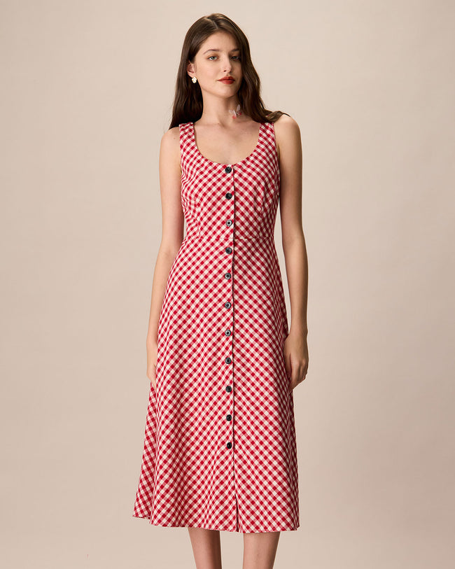 Women s Red U Neck Plaid Midi Dress Reviews Red Dresses RIHOAS