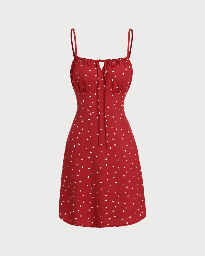 Red Heart Pattern Sweetheart Neck Slip Mini Dress- RIHOAS