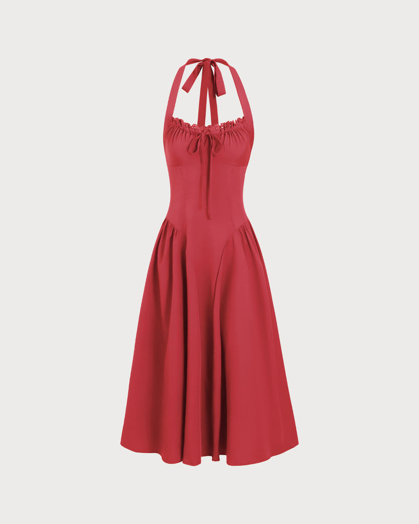 Red Ruched Halter Midi Dress