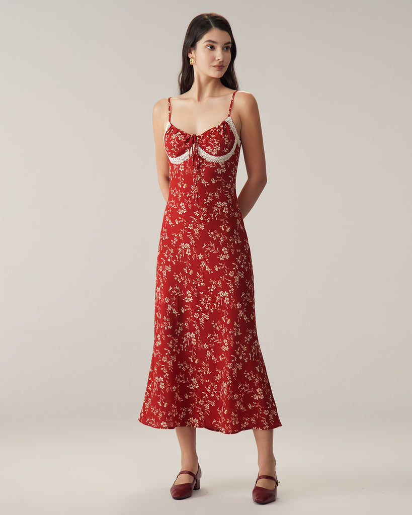 Red Floral Ruched Slip Midi Dress