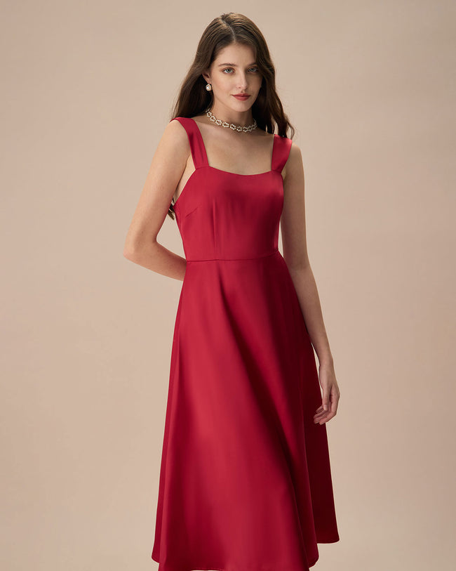 Red satin dress midi on sale