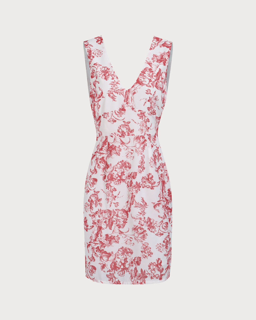 Women's Red V-Neck Sleeveless Floral Midi Dress