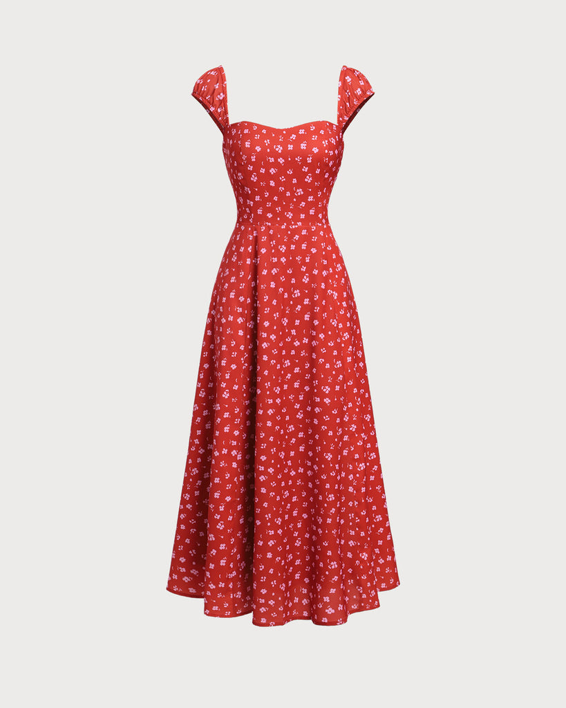 Red Floral Sweetheart Neck Cap Sleeve Midi Dress