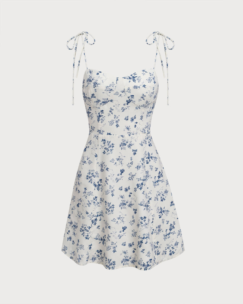 White Floral Shirred Tie Strap Mini Dress